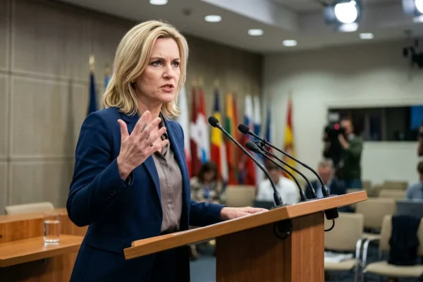 Venäjän ulkoministeriön tiedottaja Marija Zaharova puhumassa tiedotustilaisuudessa