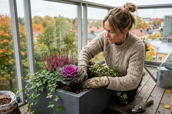 Syysistutus parvekelaatikossa, jossa kukkivat callunat, vihreä muratti ja violetti koristekaali