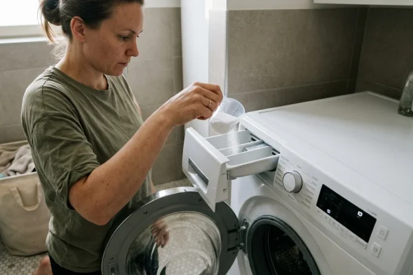 Pyykinpesukoneen avoin rumpu ja puhdas pesuainelokero