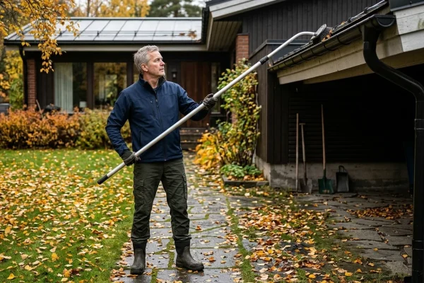 Omakotitalon rännien puhdistus maasta käsin teleskooppivarrella