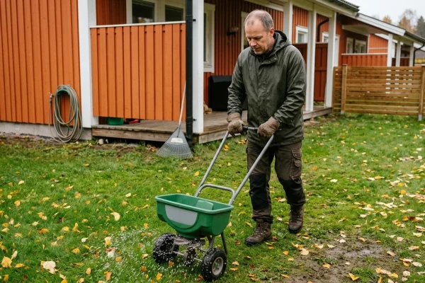 Syyslannoitteen levitys vihreälle kotipihan nurmikolle syksyisessä puutarhassa