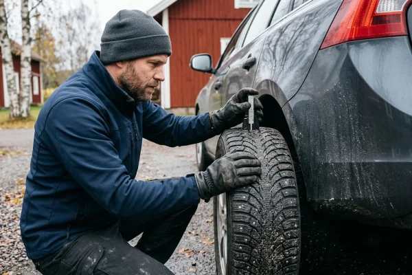 Talvirenkaan urasyvyyden mittaaminen syvyysmitalla renkaan pääurasta