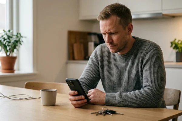 Älypuhelimen näytöllä näkyvä epäilyttävä tekstiviesti ja verkkopankkitunnusten syöttö
