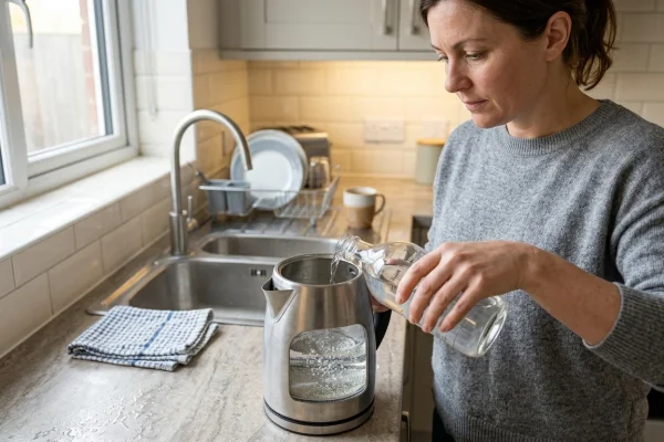Kirkas lasinen vedenkeitin ja pullo kirkasta väkiviinaetikkaa keittiön työtasolla