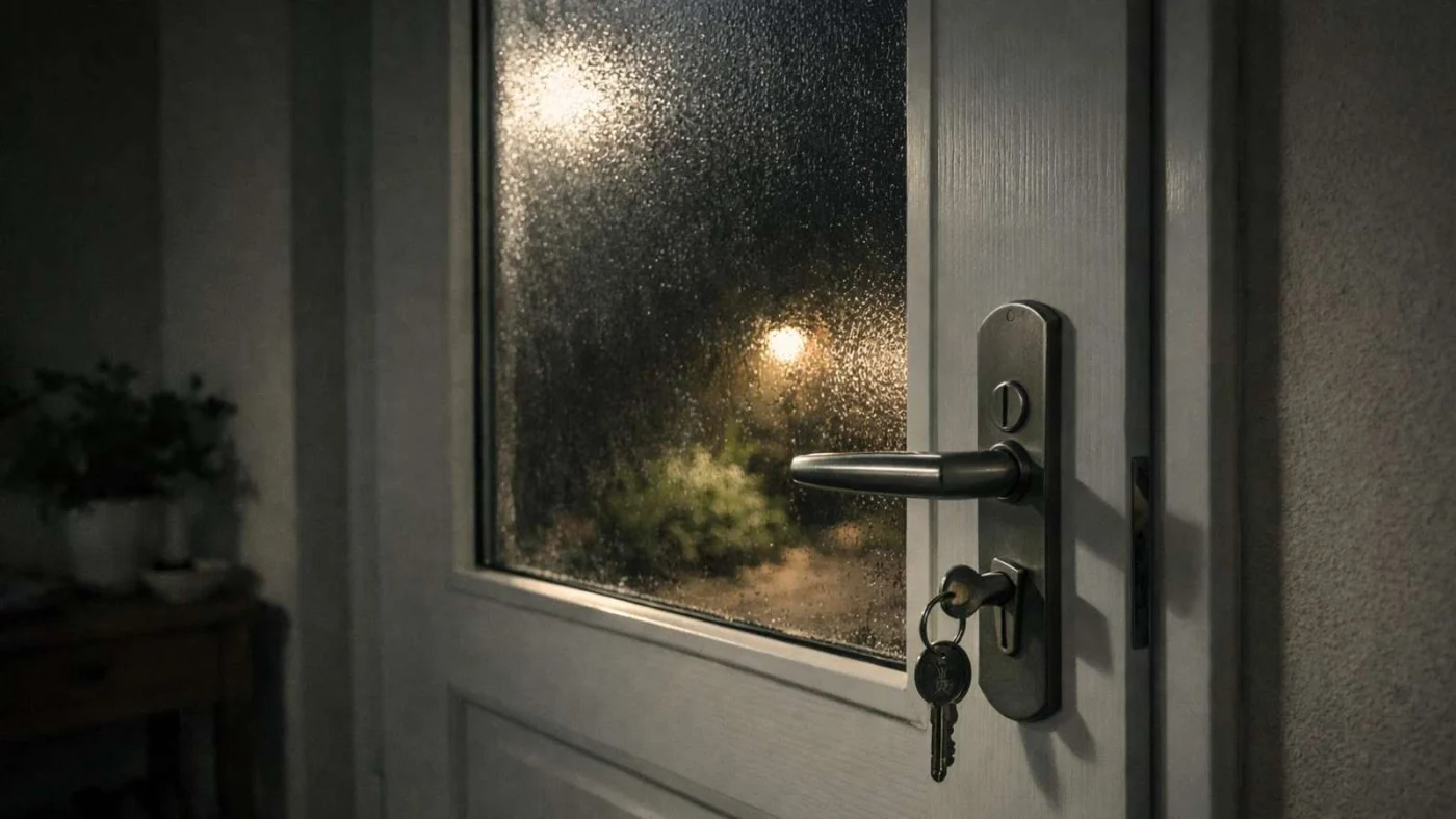 Haustür mit Glaseinsatz, durch den ein innen steckender Schlüssel sichtbar ist.